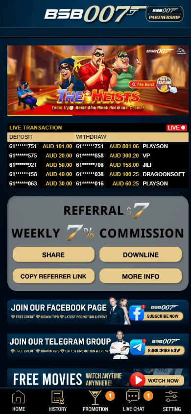 Bsb 007 Casino home interface on a mobile browser