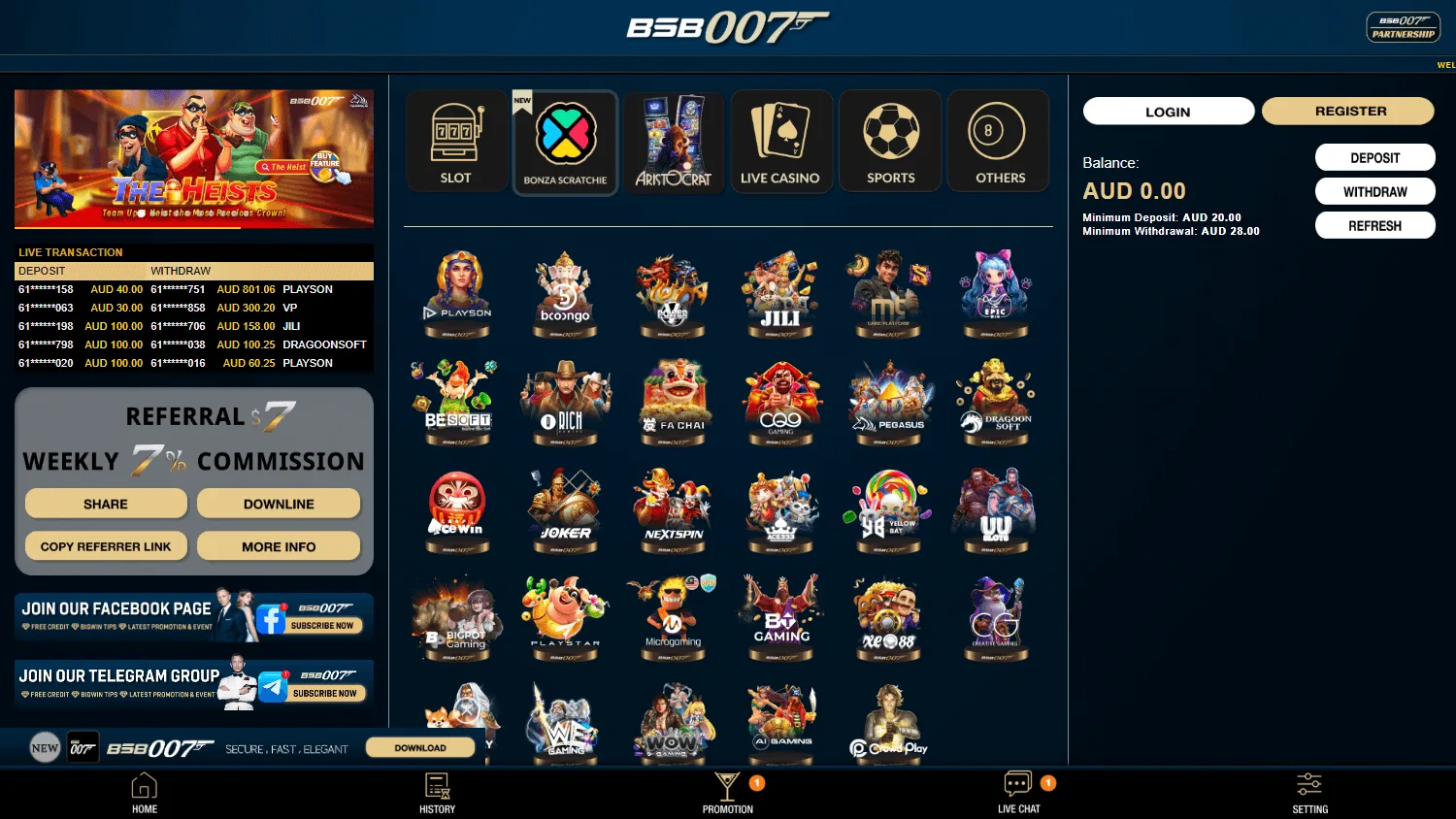 Bsb 007 Casino home interface on desktop