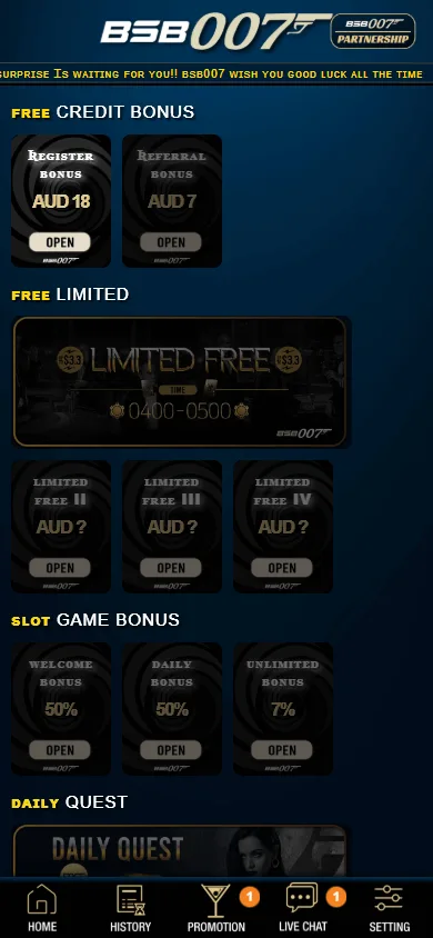 Bsb 007 Casino promotions interface on a mobile browser
