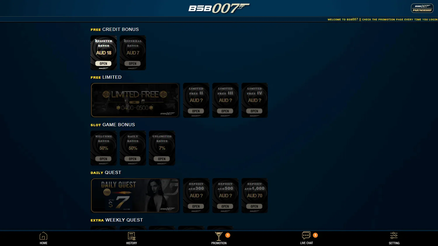 Bsb 007 Casino promotions interface on desktop